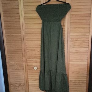 Zara Olive Green Linen Blend  Strapless Shoulder Smocked Midi Dress Size M Boho